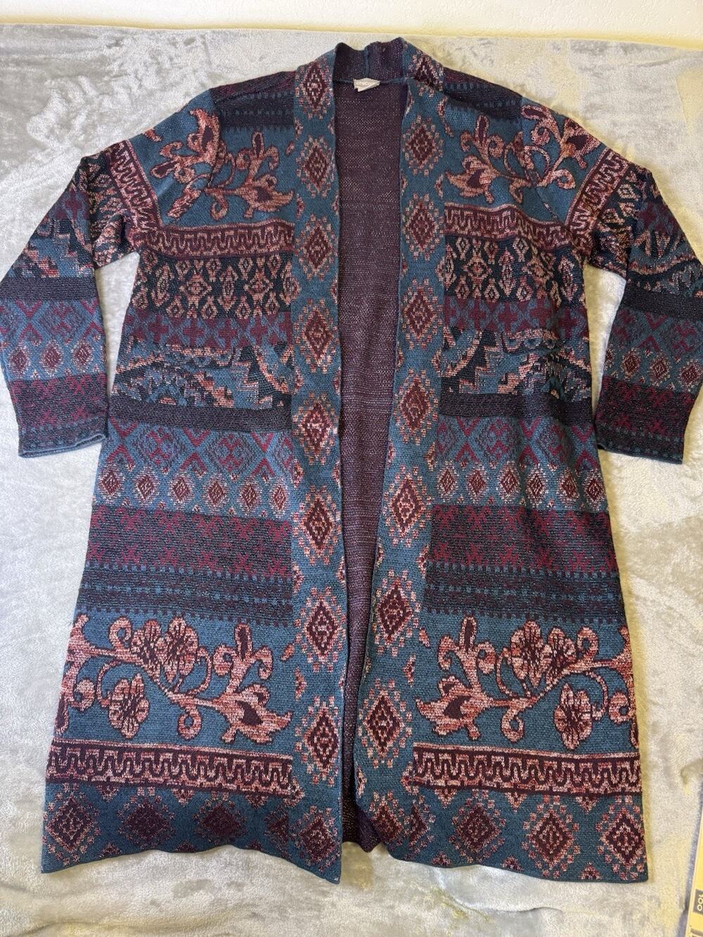 Chicos Duster Cardigan Sz 3 Multi Color Aztec Metallic Open Front Sweater jacket
